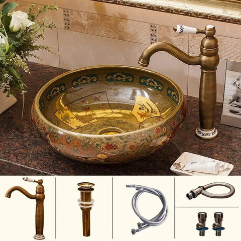 Rock Solid Vintage Brown Porcelain Vessel Sink For Bathroom Vanity, Super Sleek High Gloss Above Counter Round Wash Bowl installed.