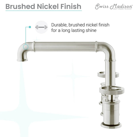 Brushed nickel finish detail of Avallon 8-Inch Widespread Bathroom Faucet With Two Handles, Brushed Nickel Finish, Solid Brass Construction, 1.2 GPM Flow, Three-Hole Mount for Easy Install, Top-Notch Reliability