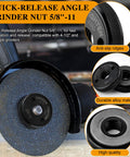 2 Pack 5/8-11 Quick Release Flange Nuts For Angle Grinders 4.5 Inch And 5 Inch, Self Locking Arbor Nut With Knurled Grip, Durable Aluminum Cast Iron Construction, No Wrench Required, Black shown on angle grinder.