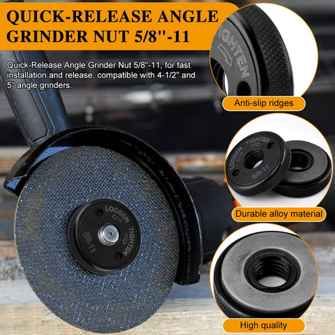 2 Pack 5/8-11 Quick Release Flange Nuts For Angle Grinders 4.5 Inch And 5 Inch, Self Locking Arbor Nut With Knurled Grip, Durable Aluminum Cast Iron Construction, No Wrench Required, Black shown on angle grinder.
