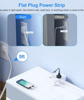 Heavy Duty Surge Protector Power Strip With Six Separated AC Outlets And Dual USB C Plus Dual USB A Ports Five Foot Extension Cord Plug And Play Design For No Fuss Multidevice Charging shown in use with a 5ft flat plug beside a smartphone.