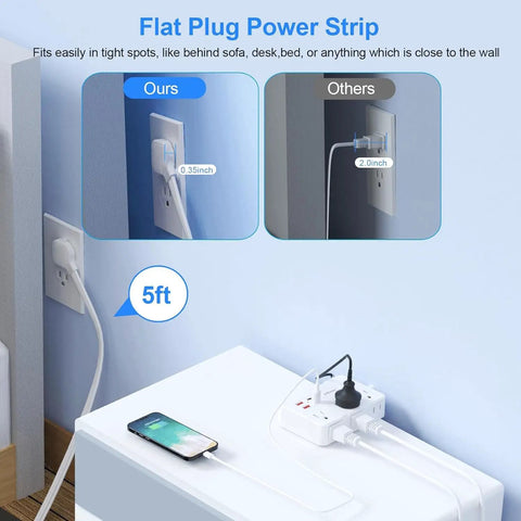 Heavy Duty Surge Protector Power Strip With Six Separated AC Outlets And Dual USB C Plus Dual USB A Ports Five Foot Extension Cord Plug And Play Design For No Fuss Multidevice Charging shown in use with a 5ft flat plug beside a smartphone.