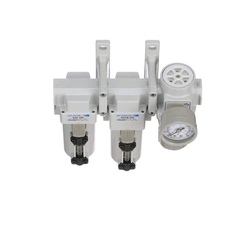 Three Stage Industrial Air Drying System With Particulate Filter, Coalescing Filter, And Regulator, Three Eighth Inch NPT, Metal Bowl With Sight Glass, Manual Drain, And Gauge For 0 To 150 PSI Operation, 17 SCFM At 90 PSI