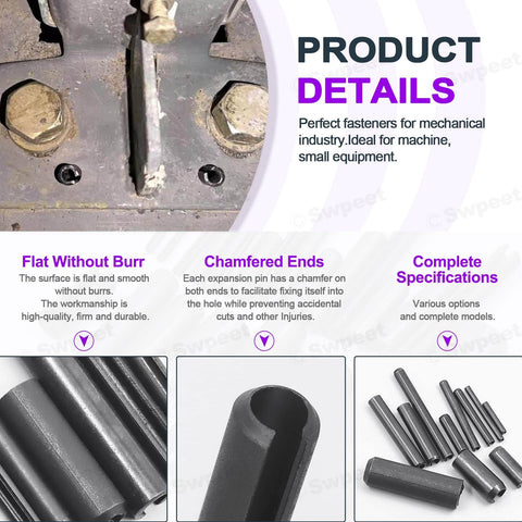 Black Metric Roll Pin Set With Storage Case 13 Sizes From M1.5 To M6 Slotted Steel Roll Pins For Automotive Repair And Mechanical Fastening Handy 415Pcs Dowel Tension Pins Kit For Pros And DIYers with detailed product specifications display.