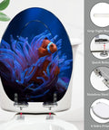 Tropical Beach Thatched Roof Umbrella Pattern Elongated Resin Toilet Seat With Butter Smooth Soft Close Lid Quick Release Hinges Bottom Mount For American Standard Toilets Easy Peasy Wipe Down with fish design.