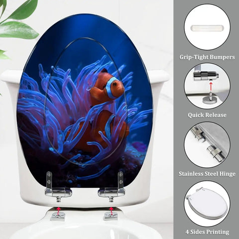 Tropical Beach Thatched Roof Umbrella Pattern Elongated Resin Toilet Seat With Butter Smooth Soft Close Lid Quick Release Hinges Bottom Mount For American Standard Toilets Easy Peasy Wipe Down with fish design.