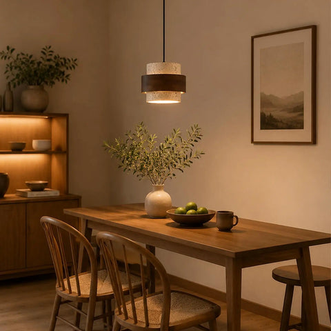 Axamate Wabi Sabi Pendant Light Natural Stone Chandeliers Dia 8" hanging above a wooden dining table with foliage.