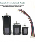Front view of three black NEMA 23 stepper motors with silver shafts and a multicolor encoder cable.