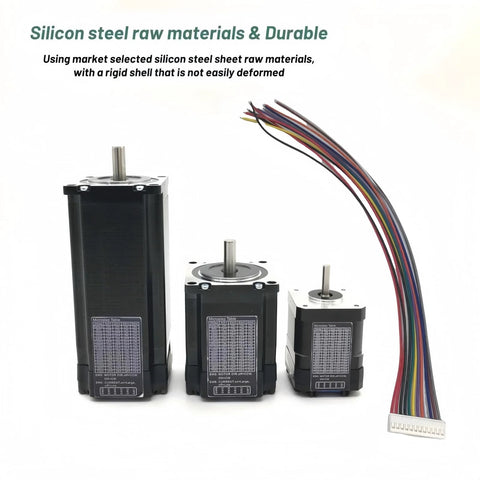 Front view of three black NEMA 23 stepper motors with silver shafts and a multicolor encoder cable.
