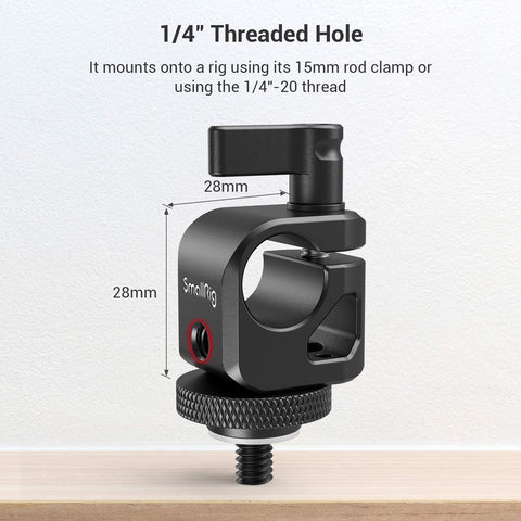 Universal Fifteen Millimeter Single Rod Clamp Rail Connector With Quarter Inch Thread to securely mount cameras, 28mm size, aluminum.