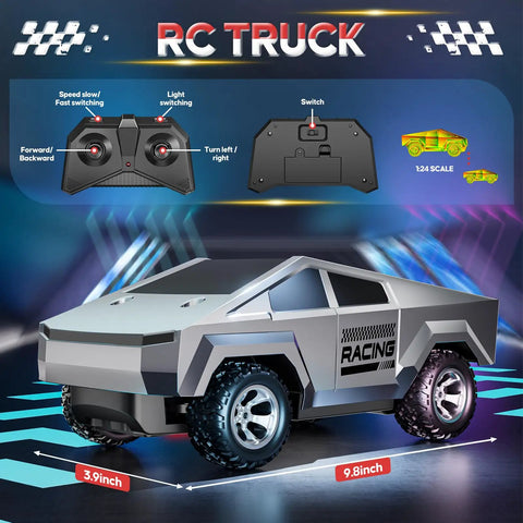 1:24 Scale RC Truck With All Terrain Performance, High Speed 2WD Off Road Car With Lights And Load Space shown with remote control