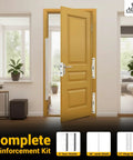 Door Armor Max Single Door Security Kit Reinforcement For Jamb Frame And Hinges installed on an open yellow door