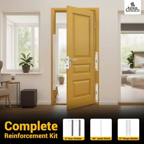 Door Armor Max Single Door Security Kit Reinforcement For Jamb Frame And Hinges installed on an open yellow door