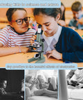 Kids and adults using microscope with 40X-2000X magnification, LED light, phone holder in classroom setting for education.