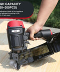Pro Grade Pneumatic Coil Pallet Nailer Shooting 15 Degree Wire Collated Fasteners One Three Quarter To Two Three Quarter Inches, showing adjustment plate for nail length.