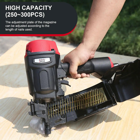 Pro Grade Pneumatic Coil Pallet Nailer Shooting 15 Degree Wire Collated Fasteners One Three Quarter To Two Three Quarter Inches, showing adjustment plate for nail length.