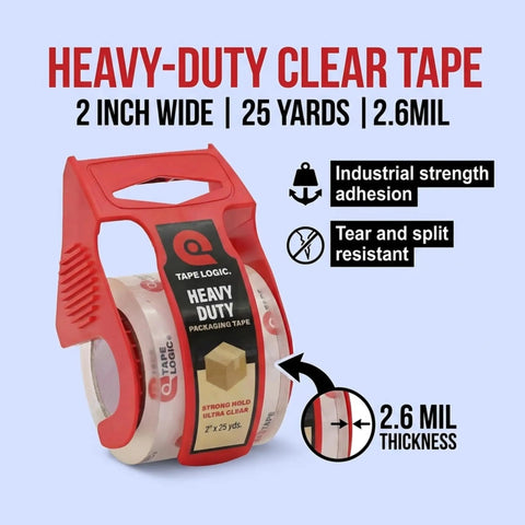 Heavy-duty clear tape, 2 inch wide, 25 yards length, industrial strength, with dispenser