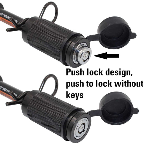Keyed Half Inch Trailer Hitch Lock With Three And A Quarter Inch Span For Class I And II Hitches Double Safety Receiver Pin With Spring Clip For Extra Security No Nonsense Locking And Peace Of Mind push lock design