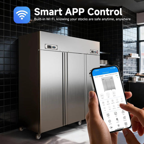 Plug And Play Commercial Refrigerator Freezer Combo 72 Inch Upright Fridge And Freezer With Smart WiFi App Control showing app control feature.