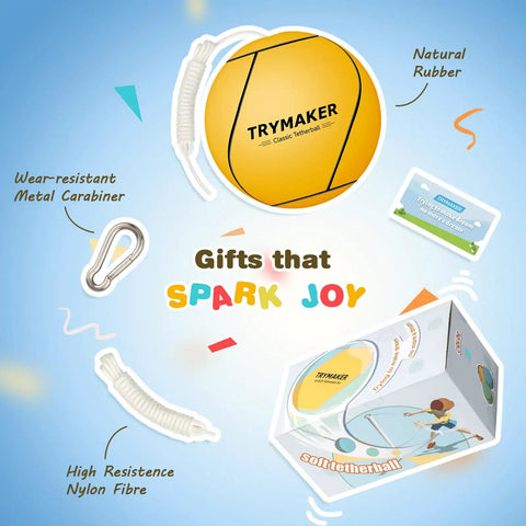 Ultimate Tetherball Set With Ball, Rope And Carabiner For Backyard Fun, featuring yellow rubber ball, rope, carabiner, packaging.