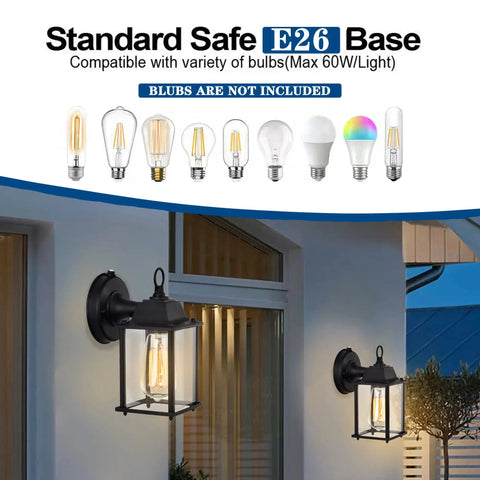2 Pack Dusk To Dawn Outdoor Wall Mount Light Fixtures With Clear Glass In Black Finish Exterior Garage Lighting