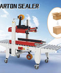 Automatic Carton Sealer With Size Adjustment For Heavy-Duty Shipping, No-Nonsense Box Sealing Machine With Adjustable Width, Tape Apply And Cut Function, Perfect For Commercial Packaging Lines. red roller conveyor carton sealer
