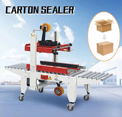Automatic Carton Sealer With Size Adjustment For Heavy-Duty Shipping, No-Nonsense Box Sealing Machine With Adjustable Width, Tape Apply And Cut Function, Perfect For Commercial Packaging Lines. red roller conveyor carton sealer