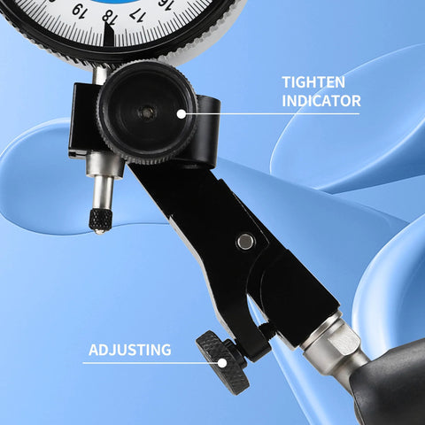 Dasqua magnetic base dial indicator holder in black metal with swivel clamp and fine adjustment knob (front view).