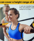 Two women using adjustable resistance band wall anchor; emphasizes height range of 6.5 feet for diverse workouts.