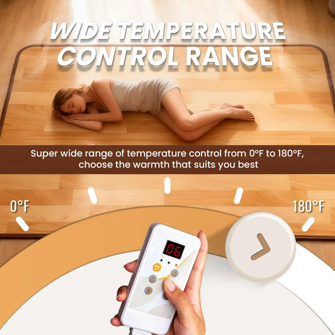 Person lying on a Cozy Imitation Wood Heated Floor Mat With Adjustable Temperature And 12 Hour Timer, remote showing 06 temperature setting