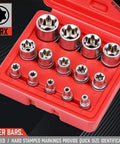 Ultimate 21 Piece Female E Torx Star Socket Set With Universal Joint Adapter Kit For Impact Drivers Including Full Range E4 To E24 Sockets And Magnetic Guide Rail Swivel Adapters In Durable Blow Molded Case, red case