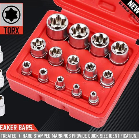 Ultimate 21 Piece Female E Torx Star Socket Set With Universal Joint Adapter Kit For Impact Drivers Including Full Range E4 To E24 Sockets And Magnetic Guide Rail Swivel Adapters In Durable Blow Molded Case, red case