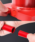 Close-up of Heavy Duty 6 Ton Hydraulic Bottle Jack For Cars, Trucks And SUVs, Welded Steel Construction With Manual Handle, Red Portable Lifting Jack