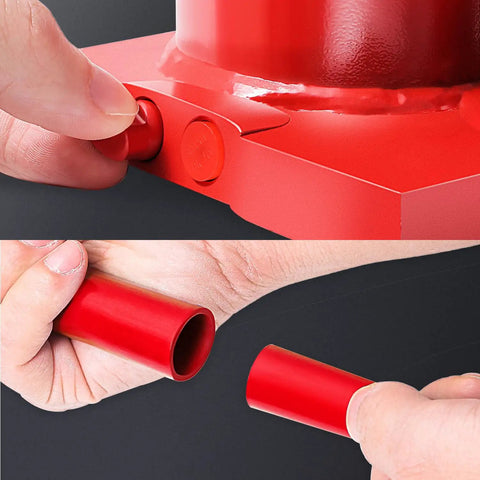 Close-up of Heavy Duty 6 Ton Hydraulic Bottle Jack For Cars, Trucks And SUVs, Welded Steel Construction With Manual Handle, Red Portable Lifting Jack