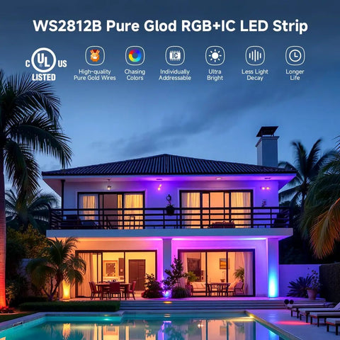 Individually Addressable RGB LED Strip 5V 144 LEDs 3.28ft 5050 SMD illuminating a modern home exterior.