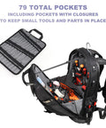 Heavy Duty Tool Backpack with 79 pockets and 65 Molle loops, open to show tool storage for electricians and HVAC pros