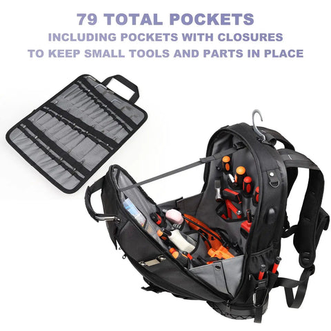 Heavy Duty Tool Backpack with 79 pockets and 65 Molle loops, open to show tool storage for electricians and HVAC pros