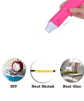 Pink Bubble Removing Heat Gun For Epoxy Resin And Acrylic Art Crafts held in hand, with DIY, Heat Shrink, Heat Glue examples.