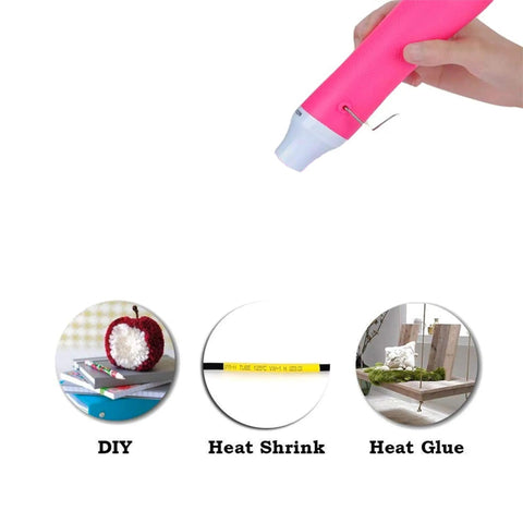 Pink Bubble Removing Heat Gun For Epoxy Resin And Acrylic Art Crafts held in hand, with DIY, Heat Shrink, Heat Glue examples.