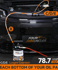 Four Uncles 6.5L oil extractor kit with pump tank, blue valve, and orange hose mounted under car hood (front view)