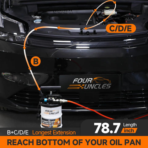 Four Uncles 6.5L oil extractor kit with pump tank, blue valve, and orange hose mounted under car hood (front view)