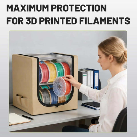 Woman using 2 Tier Metal Filament Dry Storage Box With Leather Cloth Cover Holds Up To 20 Spools For Home And Workshop Printers