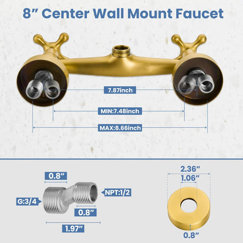 Wall Mount Kitchen Faucet With Sprayer, 360 Degree Swivel Spout, Double Cross Handles, 8 Inch Center, dimensions and fittings
