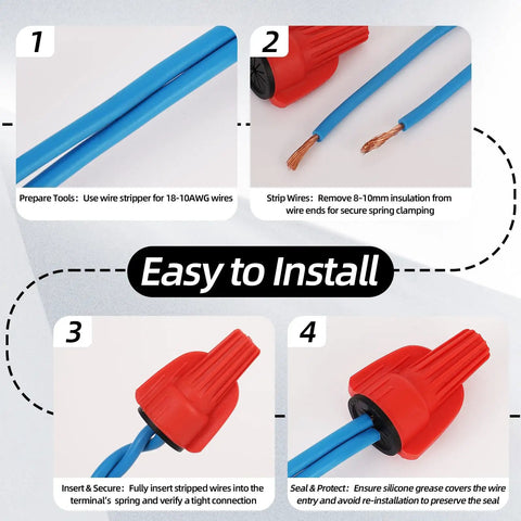 Step-by-step installation of Waterproof Wire Connectors 50 Pack for 18 to 10 AWG Wiring Silicone Filled IP68.