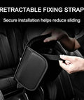 Kickass Double Duty Armrest Pad For Tesla Cybertruck Console With Nailed It Elastic Strap and Ultra Thick High Resilience Foam showing retractable fixing strap.