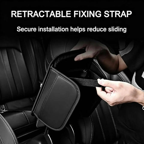 Kickass Double Duty Armrest Pad For Tesla Cybertruck Console With Nailed It Elastic Strap and Ultra Thick High Resilience Foam showing retractable fixing strap.