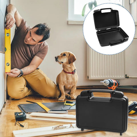 Badass Plastic Toolbox Portable Tool Case With Detachable Storage Tray And Super Grippy Handle, black toolbox in home workshop.