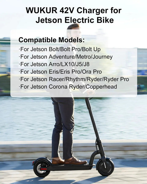Person riding scooter compatible with 42V All In One Universal Charger For Jetson Electric Bikes And Scooters listed models.