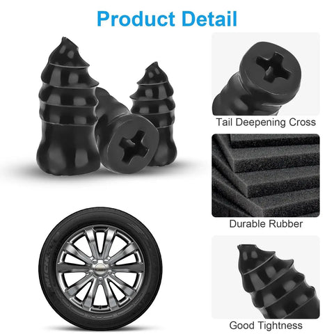 Two-Size Tire Plug Kit With Screw-In Plugs And Driver, Self-Sealing Tubeless Tire Repair Kit, product details with tire and plugs