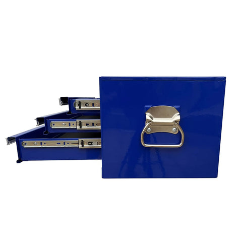Side view of Industrial 3 Drawer Portable Metal Tool Chest Cabinet 26 Inch Heavy Duty Mid Size Steel Tool Storage Box With Ball Bearing Drawer Slides Central Cam Lock Non Slip Liners Blue, showing open drawers.